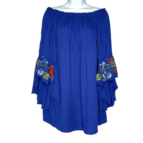 Umgee M Floral Embroidered Bell Sleeve Mini Dress Royal Blue Boho Beach - Picture 1 of 9